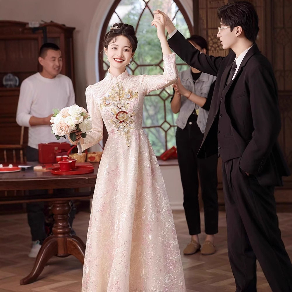 敬酒服旗袍2026款新娘轻奢大气高级感长袖订婚礼服裙女出阁宴结婚