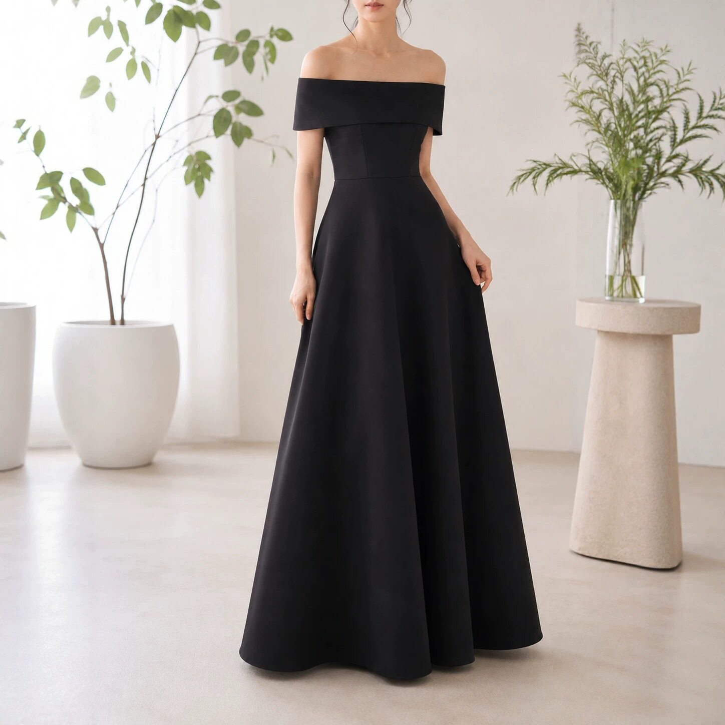 纯色晚礼服一字肩简约宴会气质订婚礼服演出合唱主持人修身连衣裙
