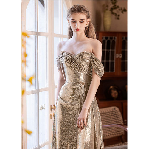 一字肩晚礼服女2026新款金色新娘订婚礼裙敬酒服高级感宴会主持人