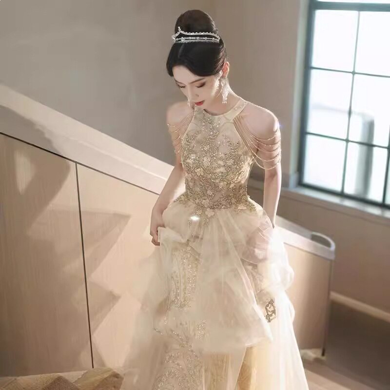 香槟色晚礼服女宴会气质长款蓬蓬裙主持人轻奢小众成人礼艺考礼服
