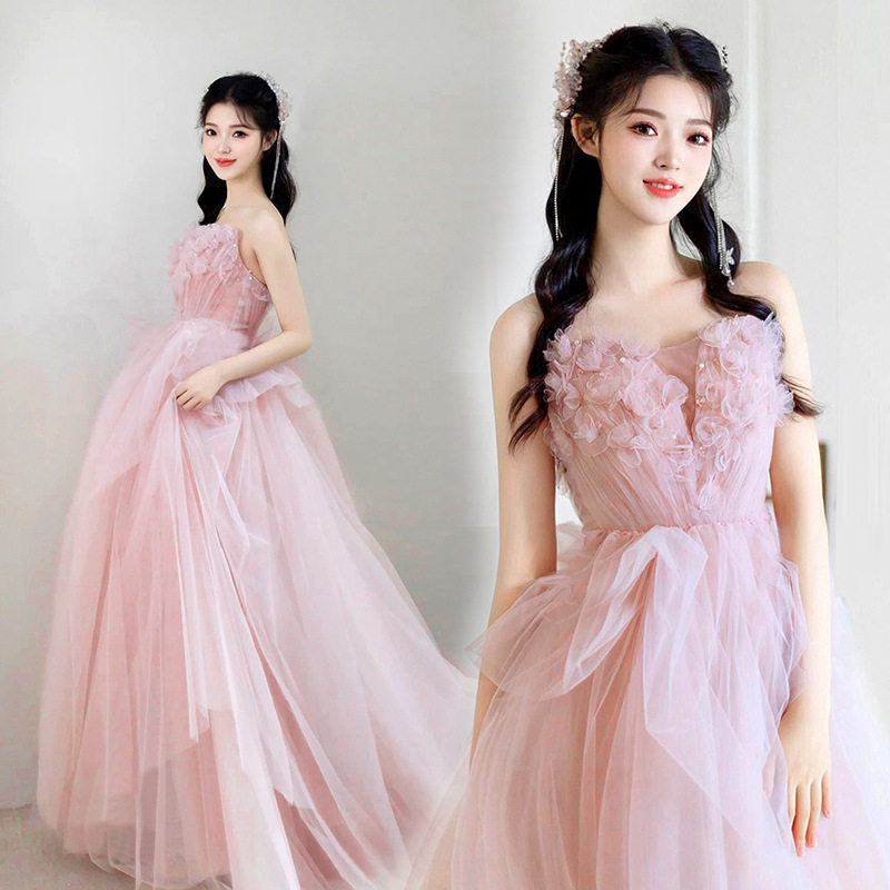 粉色抹胸新娘结婚订婚敬酒服晨袍宴会主持人拖尾婚纱高端轻奢礼服