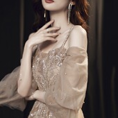 晚礼服裙女2026新款 气质名媛宴会香槟色一字肩年会重手工礼服高腰