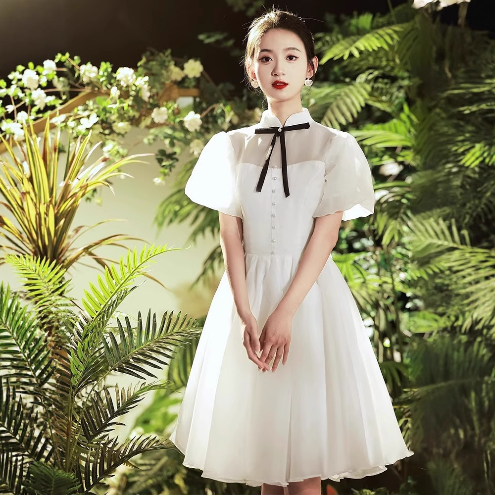 白色短袖连衣裙合唱诗歌朗诵礼服学生毕业日常可穿领证小晚礼服女