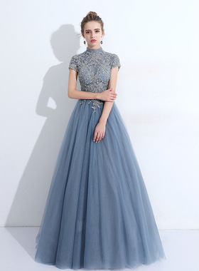 蓝色晚礼服2026新款显瘦长款蕾丝宴会主持人演出服学生毕业连衣裙