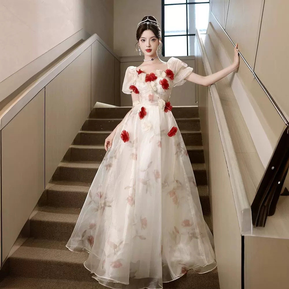 晚礼服裙女红色花朵仙气长裙宴会气质公主风高级感超仙连衣裙