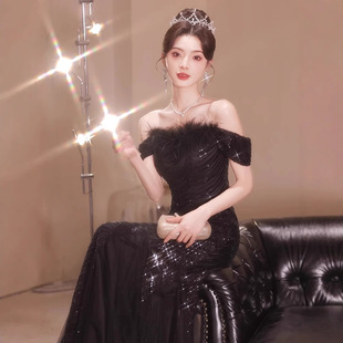 黑色一字肩晚礼服女轻奢小众高端绝美宴会高级感气质成人礼鱼尾裙