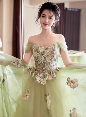 森系一字肩晚礼服女绿色气质生日宴成人礼长裙高端小众主持人演出