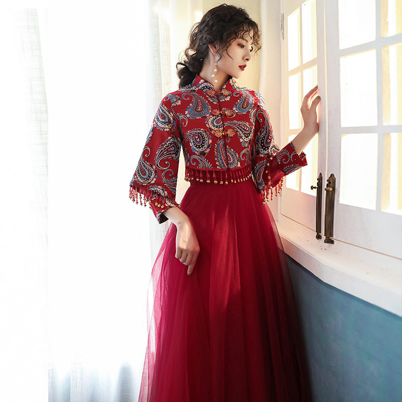 敬酒服新娘2026新款秋冬季酒红色结婚订婚长袖礼服裙女旗袍秀禾服