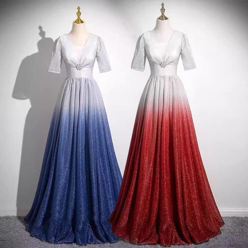 红歌大合唱服演出服女长裙显瘦指挥比赛渐变端庄大气晚礼服裙亮片