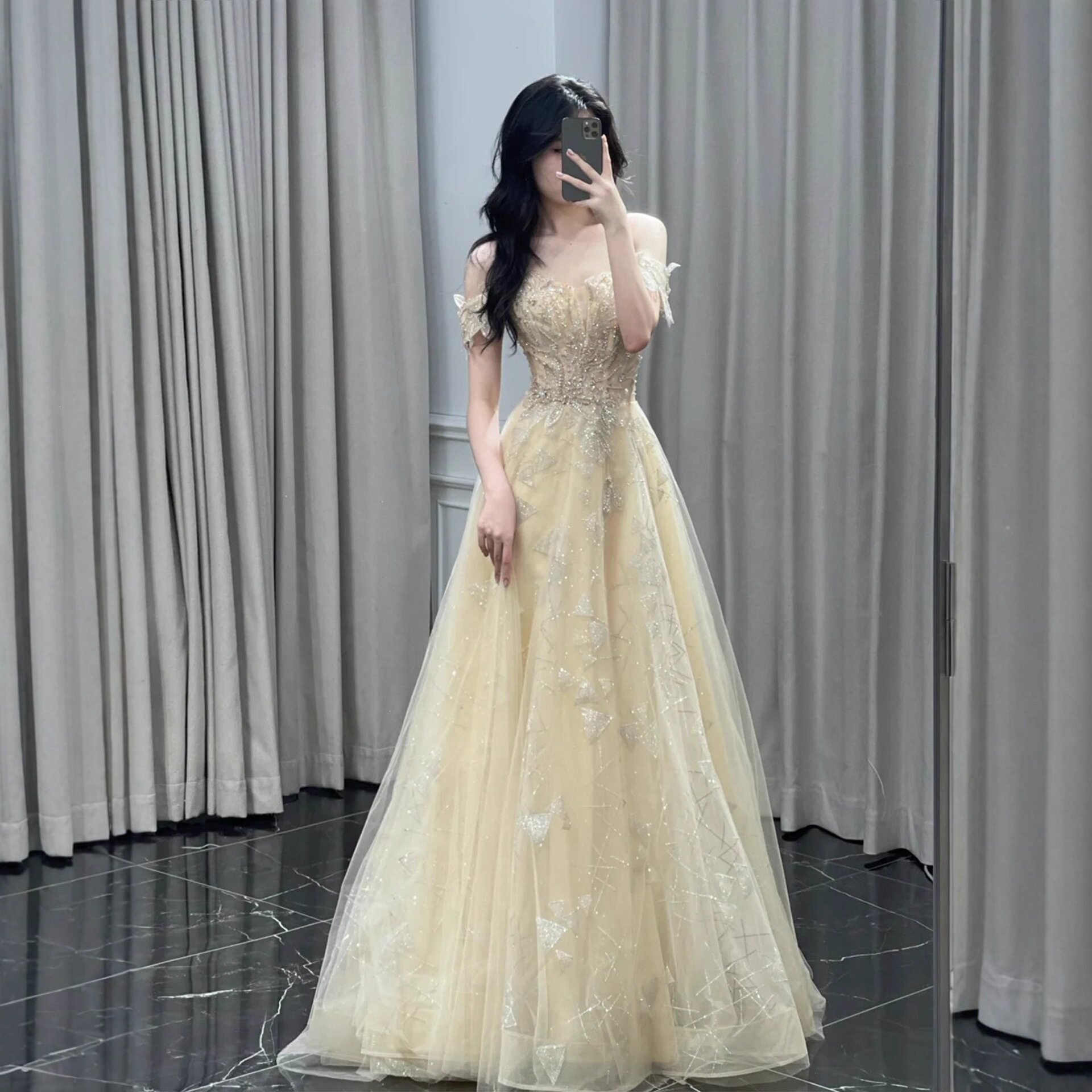 一字肩晚礼服2026新款成人礼主持人走秀礼服声乐艺考演出服连衣裙