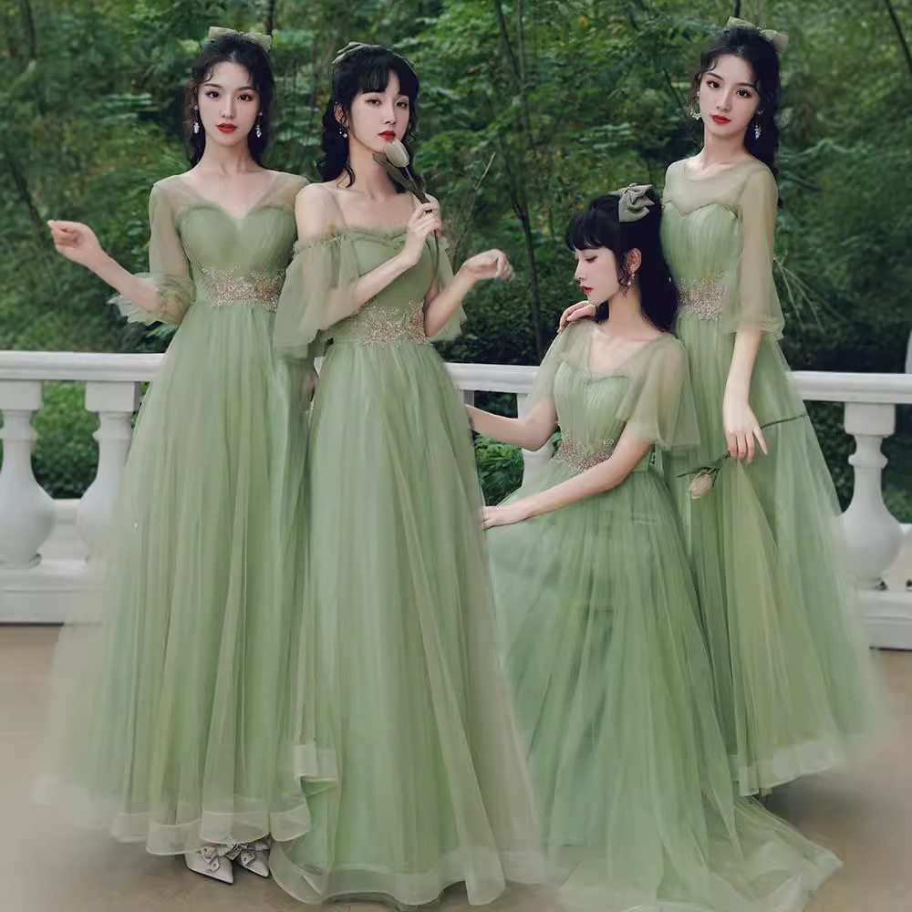 绿色伴娘服2026新款春季姐妹团长款成人显瘦演出合唱主持晚礼服裙