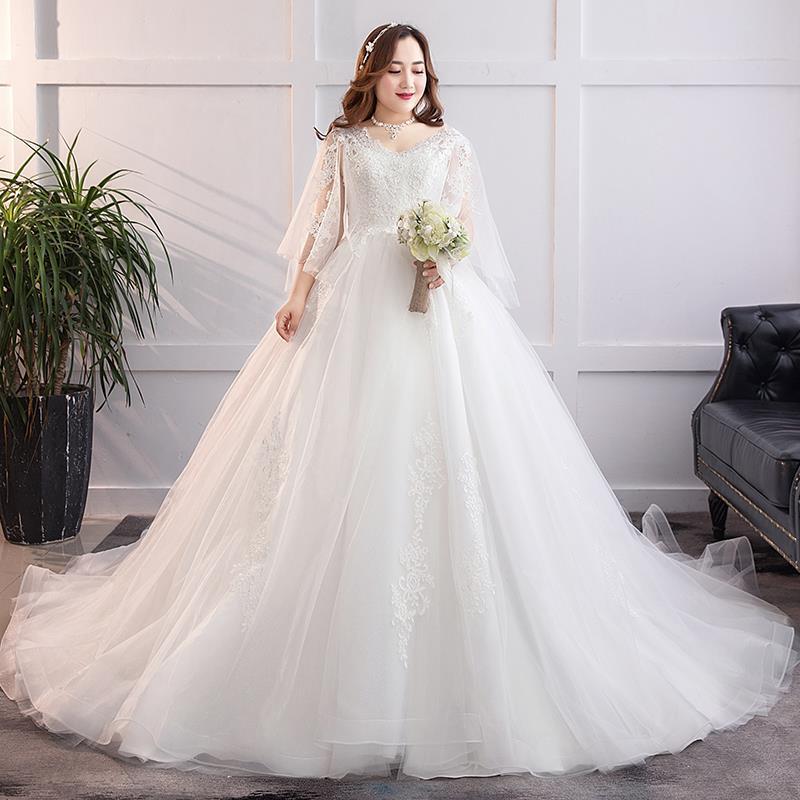 胖MM大码蕾丝婚纱V领七分袖A字大摆拖尾新娘结婚影楼拍摄婚纱礼服