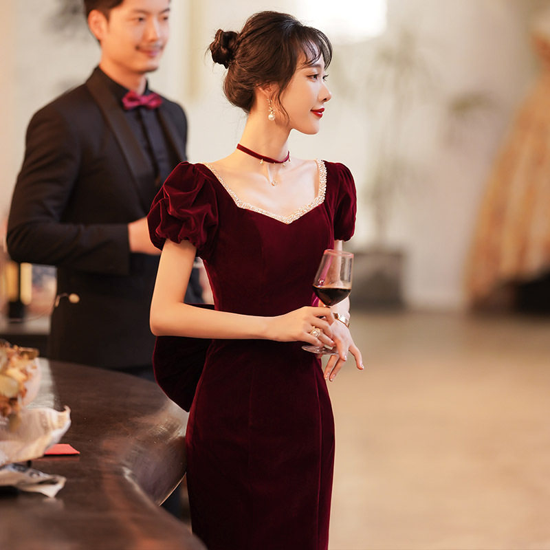 鱼尾酒红色敬酒服晚礼服女新娘修身气质2026新款宴会长款丝绒礼服