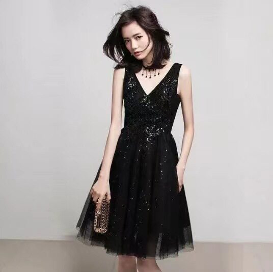 2026黑色晚礼服裙女短款宴会气质名媛方领平时可穿连衣裙公主裙
