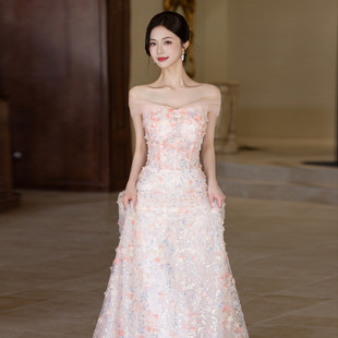 粉色订婚晚礼服女感轻奢小众敬酒服生日宴会演出服成人礼仙气礼服