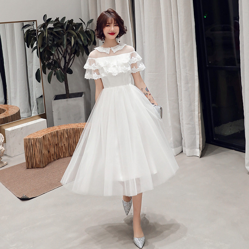 宴会晚礼服女2026新款冬季长款显瘦白色主持人连衣裙姐妹团伴娘服