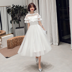 宴会晚礼服女2026新款冬季长款显瘦白色主持人连衣裙姐妹团伴娘服