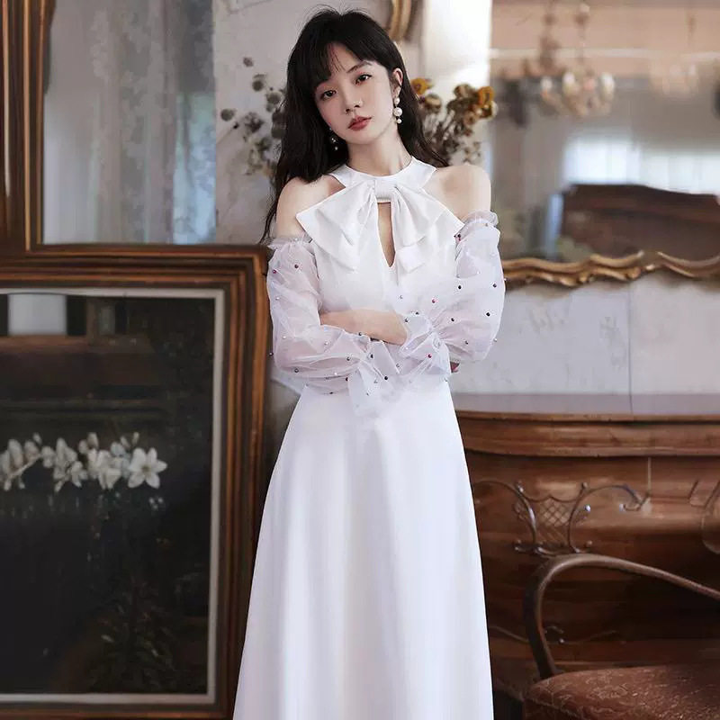 晚礼服裙女轻奢小众缎面白色领证登记平时可穿生日订婚礼服连衣裙