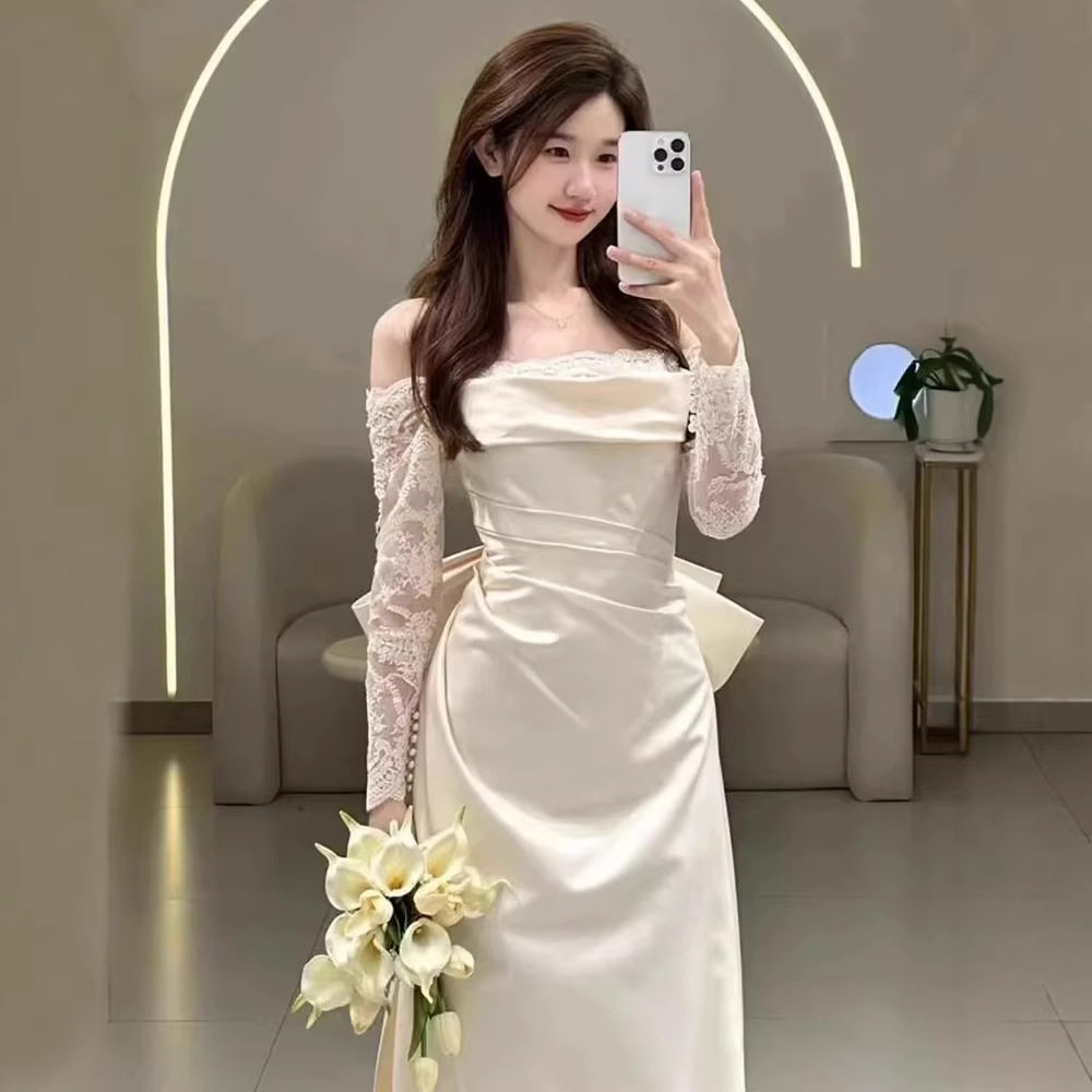 一字肩缎面主婚纱新娘法式结婚2026新款长袖迎宾出门轻纱订婚礼服
