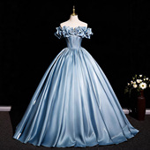 蓝色缎面一字肩18岁成人礼服学生艺考毕业主持人公主蓬蓬裙晚礼服