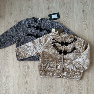 中大童金丝绒加棉中式圆领棉服女宝冬季韩版洋气百搭保暖外套
