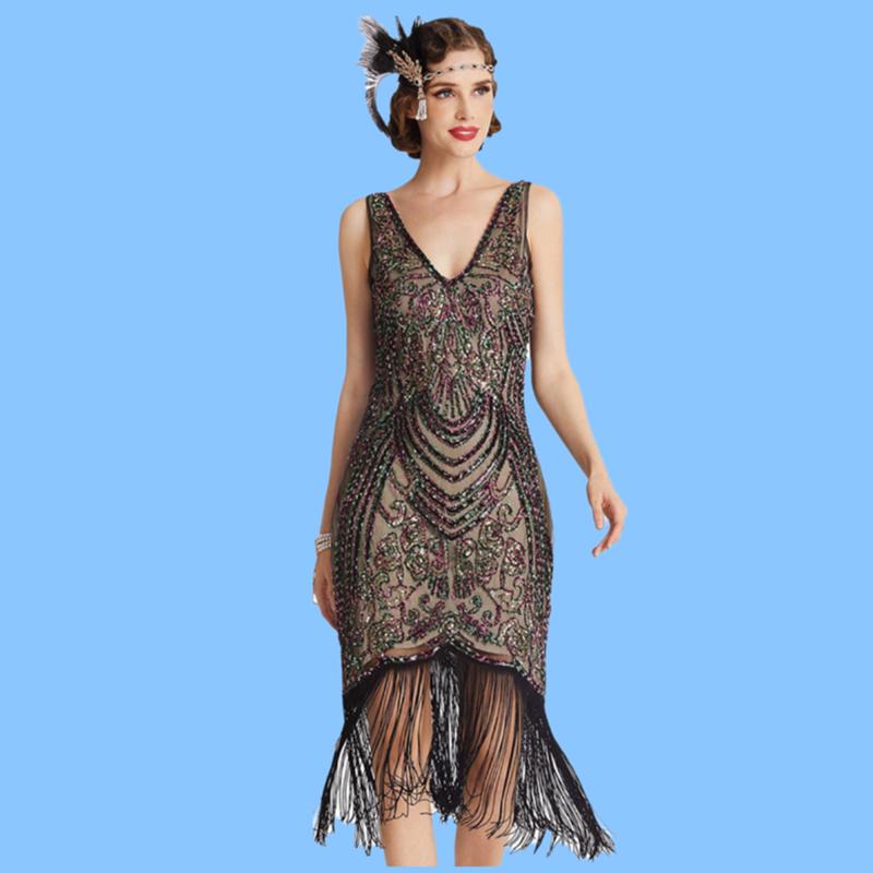 新款女拉丁舞复古亮片流苏连衣裙