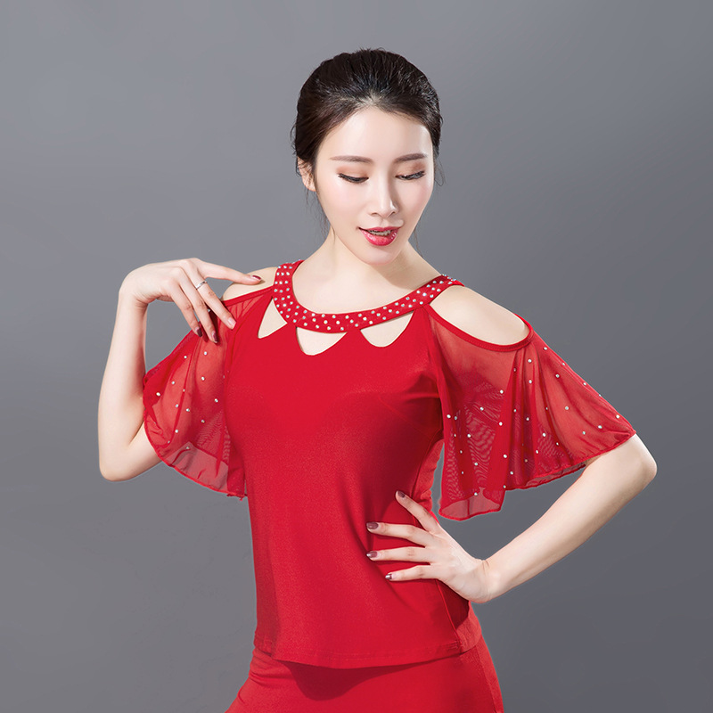 拉丁国标舞蹈服上衣春夏季新款女摩登舞短袖上衣广场舞上装