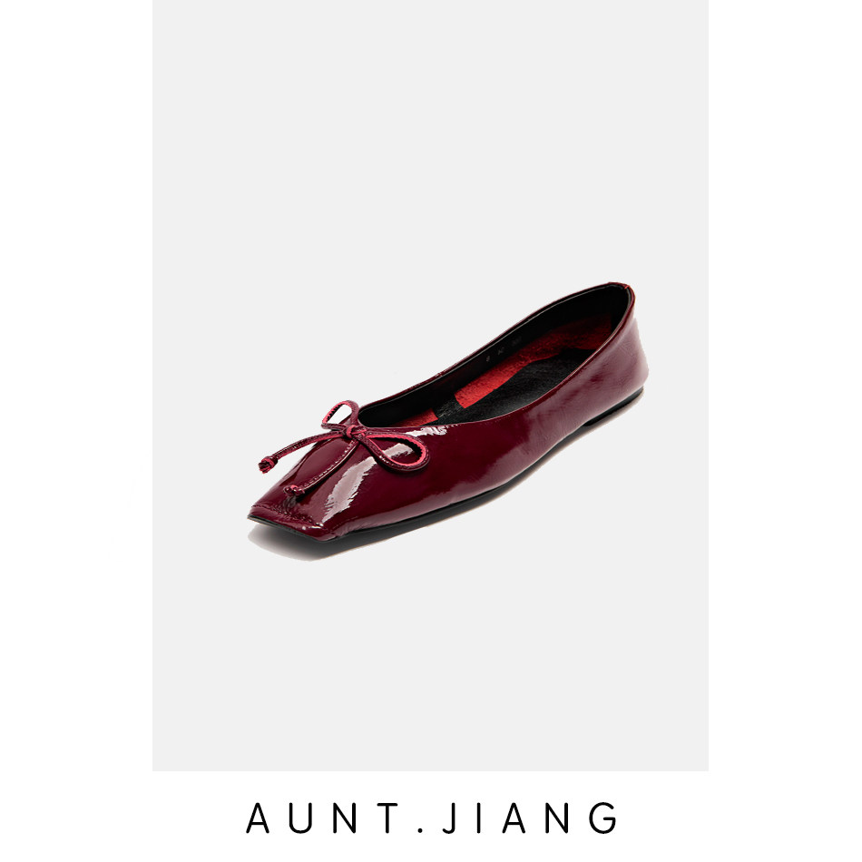 [AUNT CRAFTSMAN] 2024 SPRING SUPER SOFT FRENCH SMALL SQUARE TOE BOW PATENT LEATHER PUMPS FLAT BALLET SHOES WOMENS SINGLES