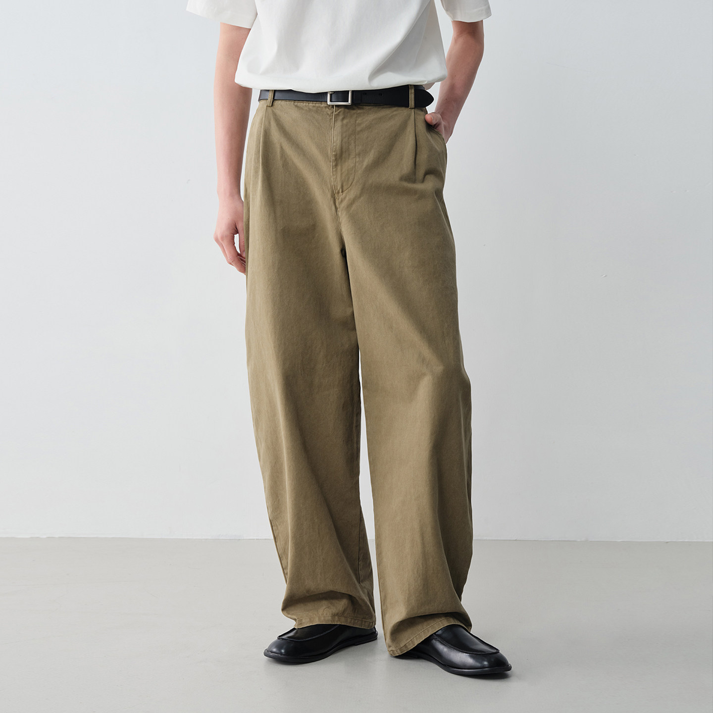 Vavu酵素水洗双侧单褶长裤纯棉极简修身显瘦经典斜插袋直筒休闲裤