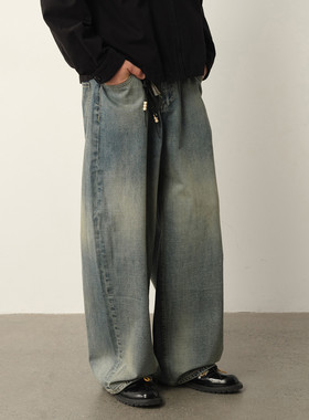 Vavu纯棉水洗做旧牛仔裤YKK拉链垂感阔腿长裤复古宽松质感裤子男