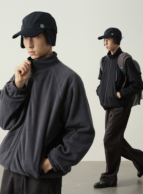 Vavu塔丝隆双面穿防泼水摇粒绒立领夹克男保暖宽松通勤慵懒风外套