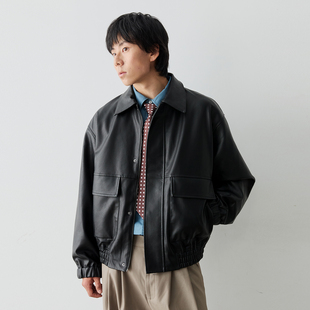 复古拉链翻领皮衣复古机车PU皮夹克外套松紧下摆春秋上衣 Vavu美式