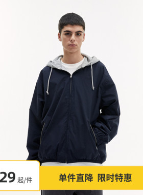 【5折特惠】Vavu日系拼色拉链连帽外套学院风抽绳宽松拼接夹克潮