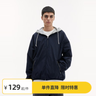 【5折特惠】Vavu日系拼色拉链连帽外套学院风抽绳宽松拼接夹克潮