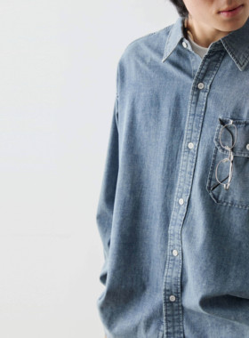 【口袋可挂件】Vavu水洗牛仔长袖衬衫贝壳扣设计感贴袋衬衣薄外套