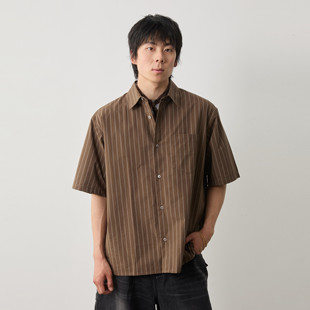 Vavu前短后长开衩条纹短袖 男女纯棉复古翻领T恤口袋纽扣上衣 衬衫
