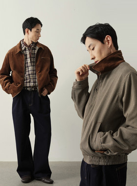 Vavu复古风灯芯绒双面穿夹克千鸟格翻领外套松紧下摆拉链休闲上衣