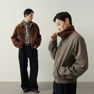 Vavu复古风灯芯绒双面穿夹克千鸟格翻领外套松紧下摆拉链休闲上衣