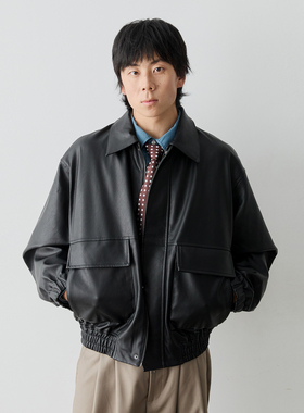 Vavu美式复古拉链翻领皮衣复古机车PU皮夹克外套松紧下摆春秋上衣