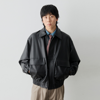 Vavu美式复古拉链翻领皮衣