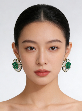 DD新年红镶钻锆石耳钉奢华精致巴洛克花朵绿色红色绿宝石耳环925