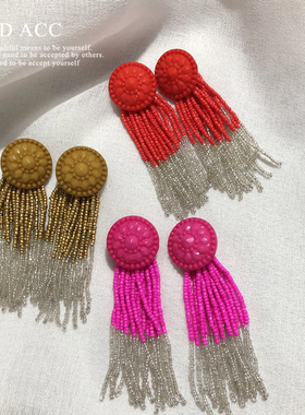DD定制 欧美街拍风格ins款瘦脸撞色米珠瀑布耳环 长款流苏耳夹