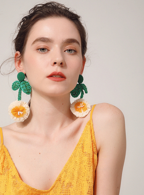 DD繁花系列/钉珠树叶手工拉菲草花朵耳环 日系民族风超美耳夹耳坠