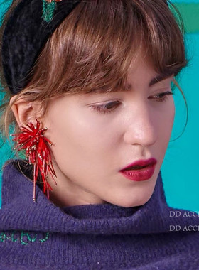DD繁花系列/烟花绽放红色流苏耳环 长款森系精灵法式优雅浪漫耳夹