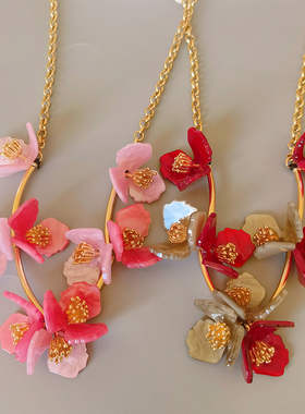 设计师原创/筑梦系列树脂玫瑰花亚克力镶钻花朵项链锁骨链毛衣链