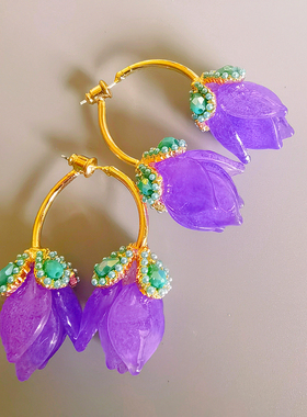 DD气质chao绝！原创法式浪漫紫色琉璃水晶玉兰花苞花朵耳环925银