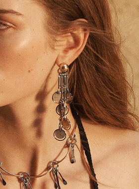 DD欧美风极简气质显瘦层层叠叠圆片流苏长款耳环冷淡风夸张小众