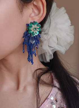 DD繁花系列/原创手工钉珠撞色莫兰迪蓝气质流苏小众轻奢显瘦耳环