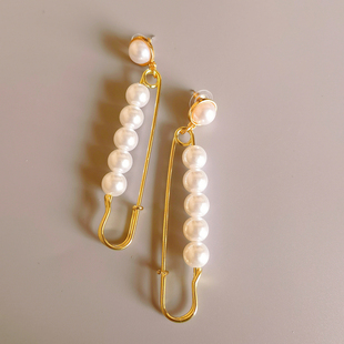 DD港风复古美人~大气简约珍珠耳环回形针设计几何风时尚耳夹