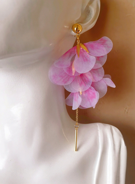 DD粉色超仙有呀淑女气质白鹿同款花朵网纱层层叠叠花瓣耳环925银